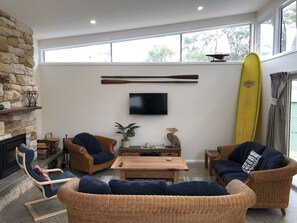 TV connectée, cheminée, lecteur de DVD, livres