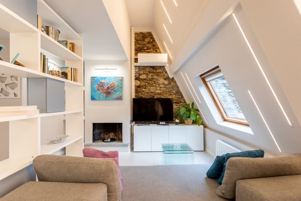 Smart TV, fireplace, books