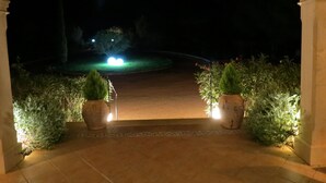 Ein beleuchteter Eingangsbereich mit gefliestem Weg, einer hölzernen Pergola und Pflanzen in Töpfen an beiden Seiten.