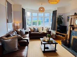 Televisio, takka, DVD-soitin, stereot