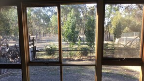 A view through a window with a metal fence and a tree in the background. - Pyrenees Farm Stay Amphitheatre. (Pet friendly) Bed and Breakfast. (Amphitheatre)