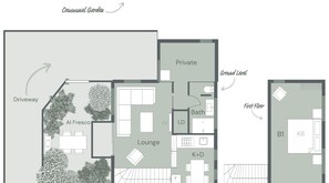 A floor plan of a house with a driveway, Al Fresco area, lounge, private room, bath, and a first-floor bedroom labeled B1.