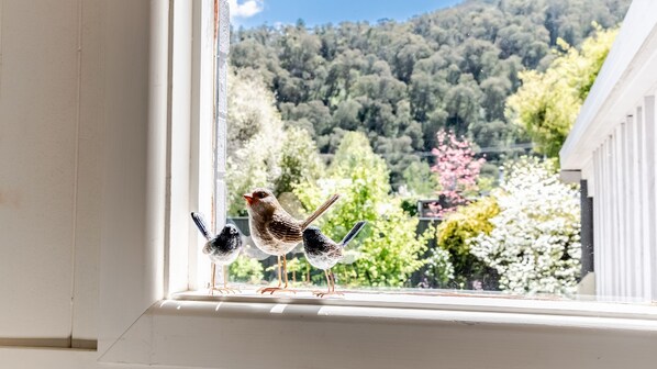 A window with two birds perched on the sill, overlooking a garden with various trees and a hill in the background. - ALLAMBIE COTTAGES - VILLA 3: Bright (Bright)