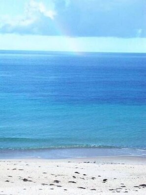 On the beach, sun-loungers