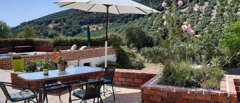 An outdoor patio with a table and chairs, a large umbrella, and a view of a hilly landscape.