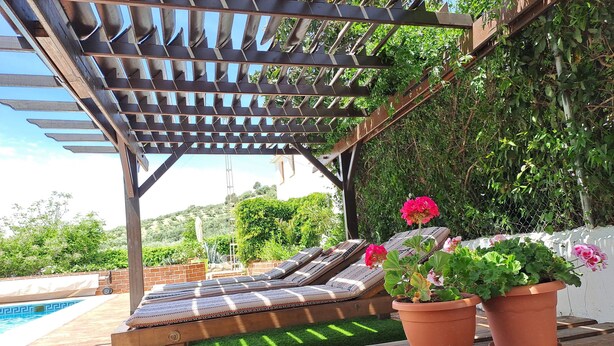 Eine Holz-Pergola mit Pool und Liegestühlen.