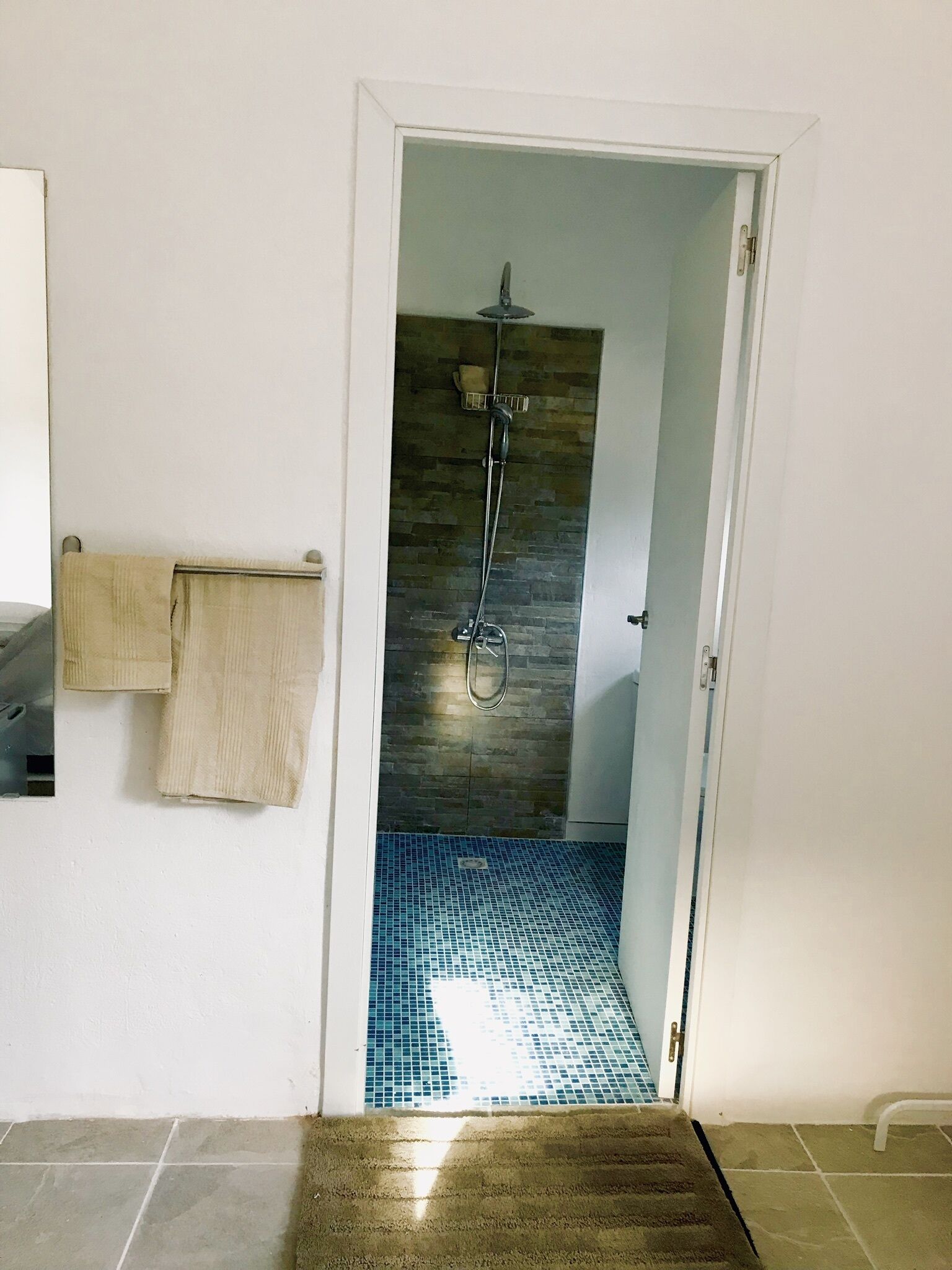 Regadera, toallas, papel de baño 