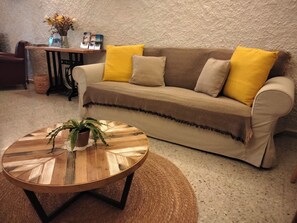 Télévision, cheminée, baby-foot, livres