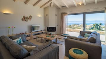 Televisio, takka, DVD-soitin, kirjoja