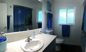 Combined shower/bathtub, hair dryer, towels, soap