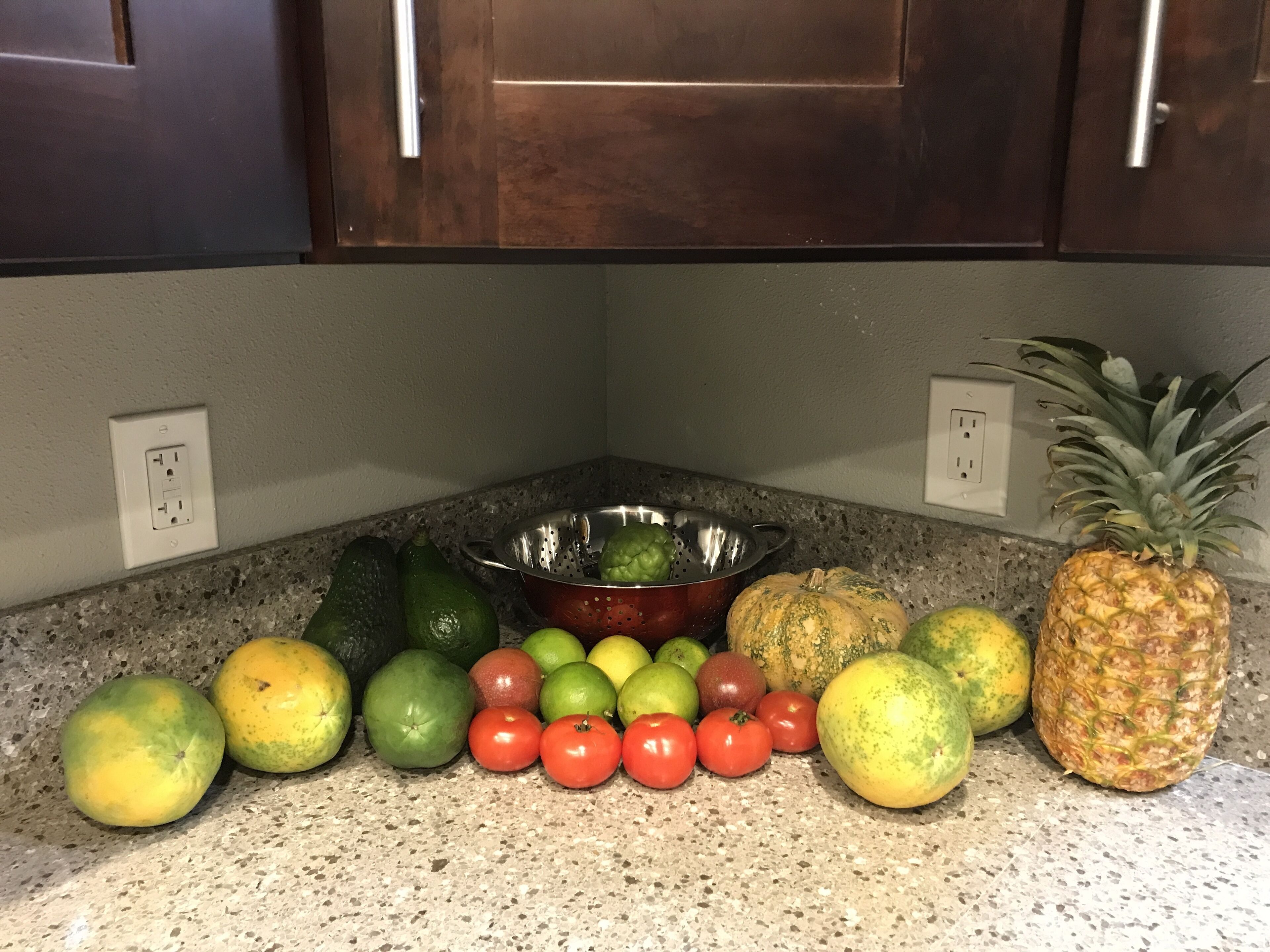 A kitchen counter with various fruits and vegetables, including tomatoes, limes, and a pineapple.
