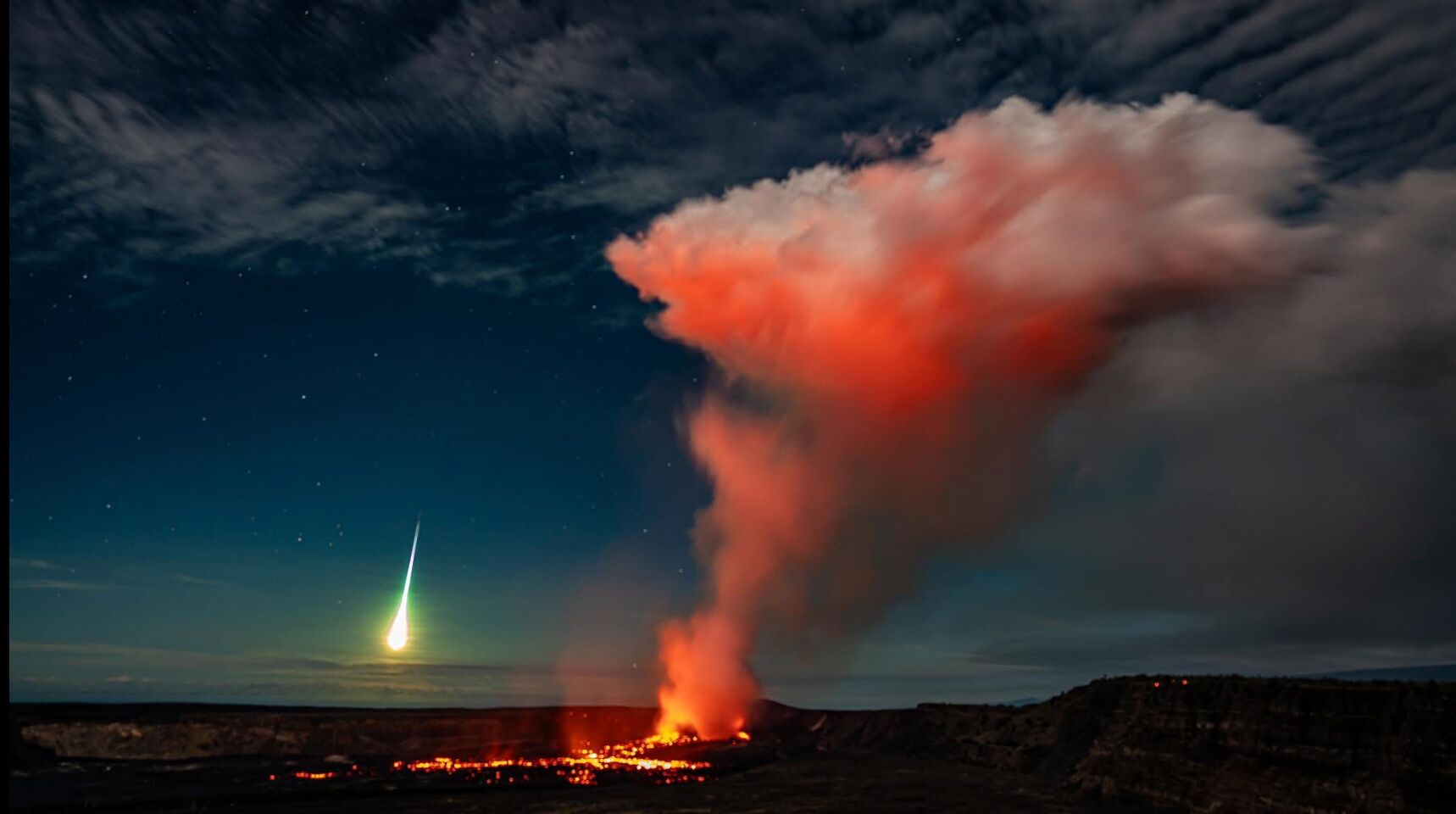 A landscape with a large plume of smoke or dust rising from a ground source, a clear night sky with stars, and a distant light source.
