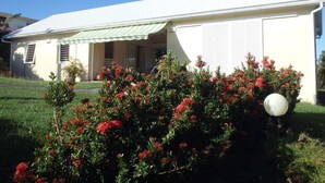 A single-story building with a flat roof, a covered porch, and a small garden with red flowering bushes. - The Desired Creole House (Sainte Anne)
