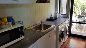 Une cuisine compacte équipée d’un évier, d’un four à micro-ondes et d’un lave-linge.