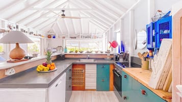 Een koelkast, een oven, een kookplaat, een vaatwasser