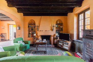 Télévision, cheminée, livres, médiathÚque
