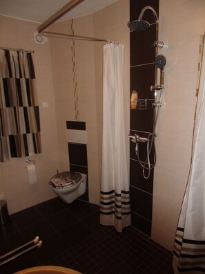Dusche, Haartrockner, Handtücher, Seife