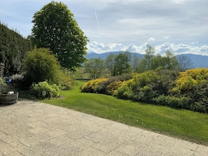 A paved pathway leading through a landscaped garden with various shrubs and trees, and a mountain range in the background.