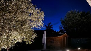 Une terrasse en bois avec une piscine, un petit abri de jardin et un arbre.