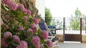 Eine Terrasse mit Steinmauer, einem Topf mit rosa Hortensie und einem Grill.