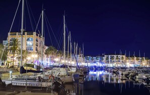 A marina at night with multiple boats docked, a building with illuminated windows, and palm trees.