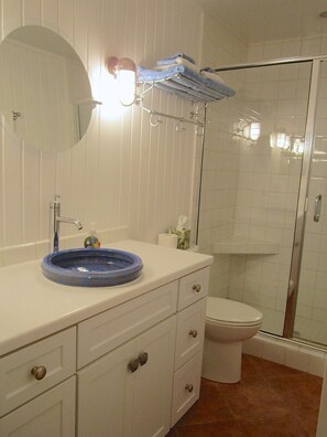 Combined shower/tub, hair dryer, towels, soap