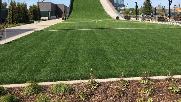A modern building with a sloped roof and a green lawn in front. - Oneida St duplex 5 min walk to Lambeau 8 beds furnished full kitchen laundry (Green Bay)