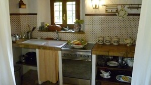 A kitchen with a sink, stove, and various kitchenware. - Cacciarella elegant and independent holiday apartment to rent  2+2 pax (Arezzola)