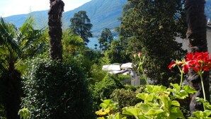 Un rigoglioso giardino con piante tropicali e vista su una montagna e un lago.