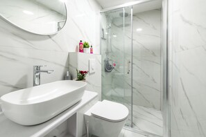 Shower, hair dryer, towels, soap