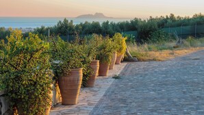 Un sentier pavé de pierres, bordé de jardinières en terre cuite et d’une végétation luxuriante, qui mène à un point de vue pittoresque sur la mer et les montagnes lointaines.