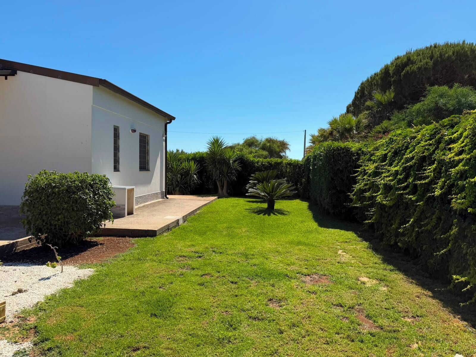 Un edificio bianco con ingresso lastricato, un piccolo prato e vegetazione lussureggiante, tra cui un alto siepe e una palma.