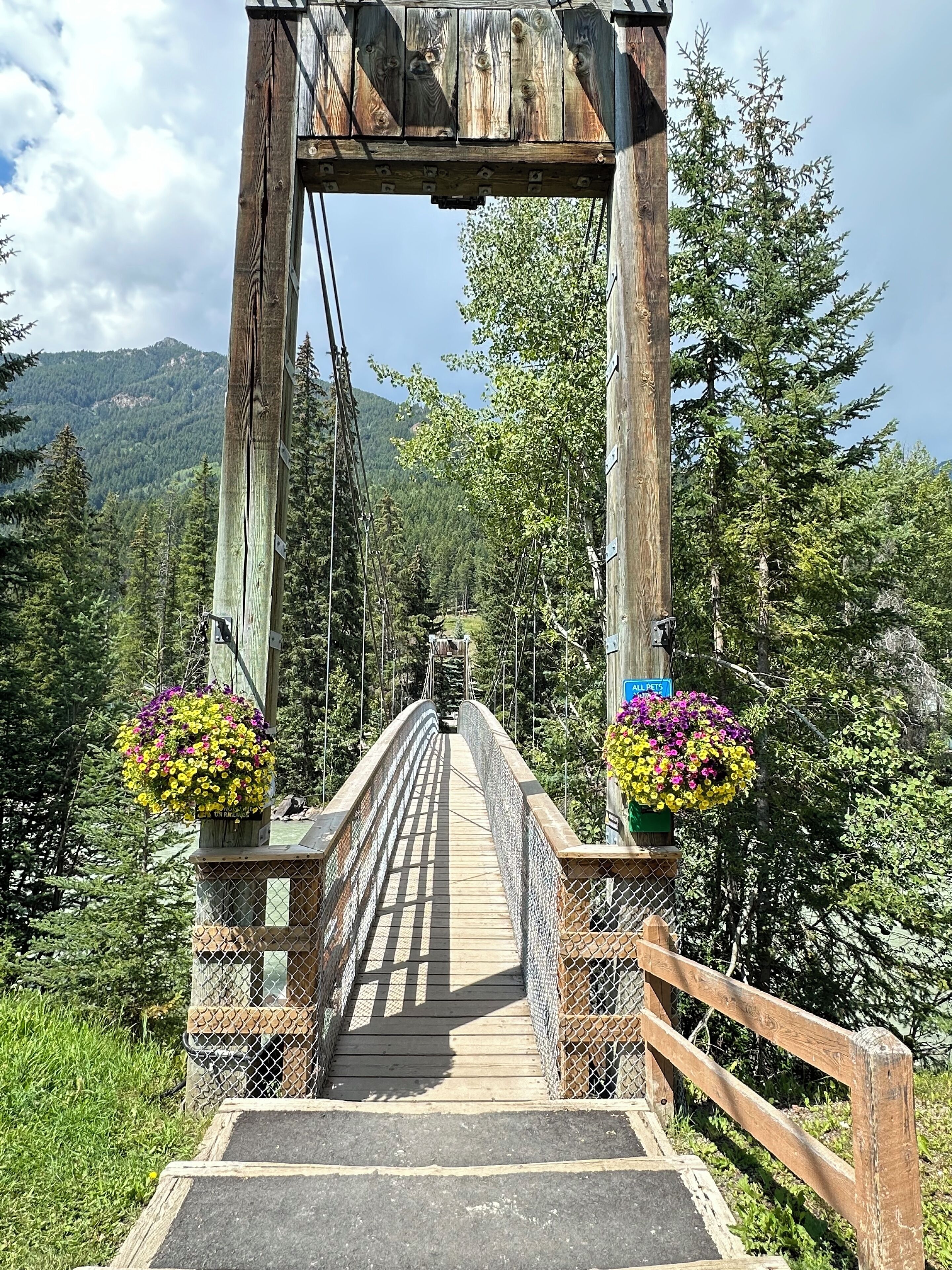 A wooden pedestrian bridge with metal railings and flower baskets on either side, surrounded by lush greenery and mountains.