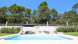 Una piscina con sillas de descanso y una sombrilla, rodeada de jardín y árboles.