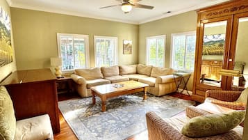 Smart TV, fireplace, video games, DVD player