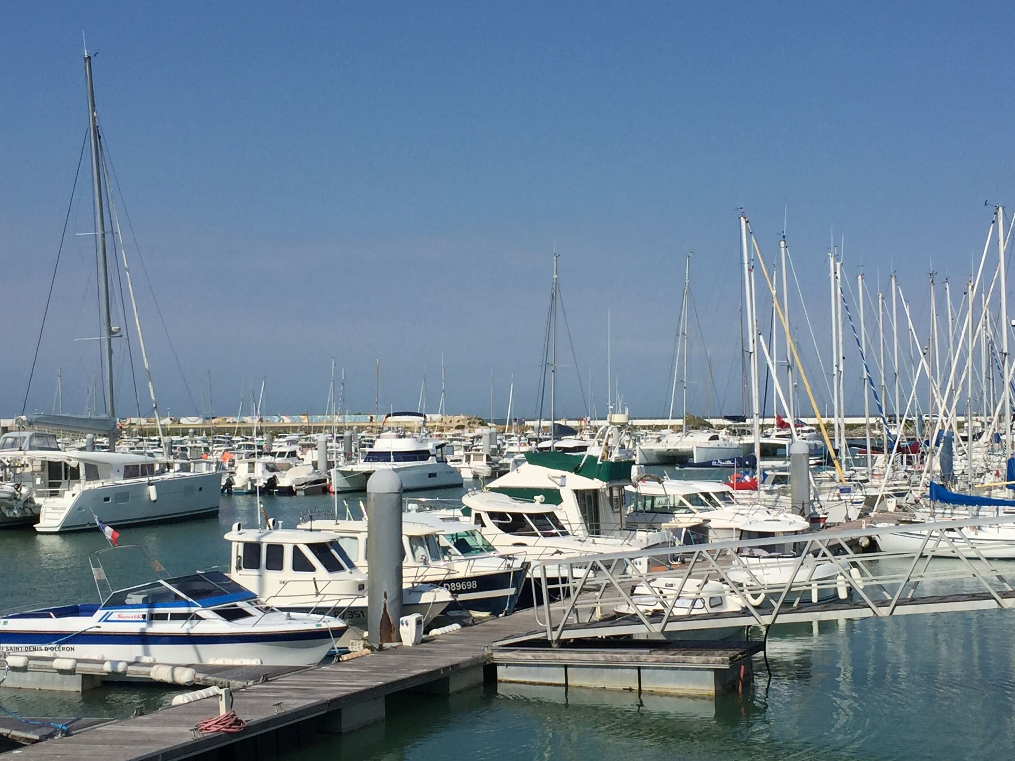 A marina with multiple boats docked, a clear sky, and calm water.