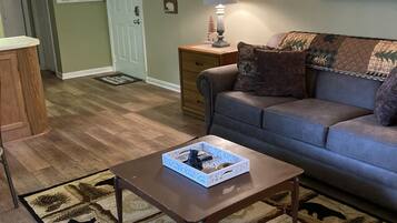 Télévision, cheminée, lecteur de DVD, baby-foot