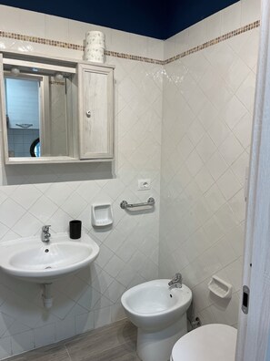 Regadera, secadora de cabello, papel de baño