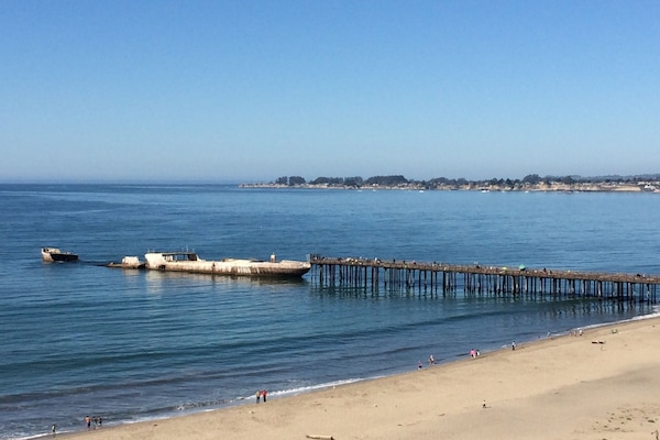 View from cliff to Seacliff State Park and Cement Boat. Pier is no longer there