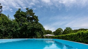 Una piscina azul cristalina rodeada de abundante vegetación y árboles.