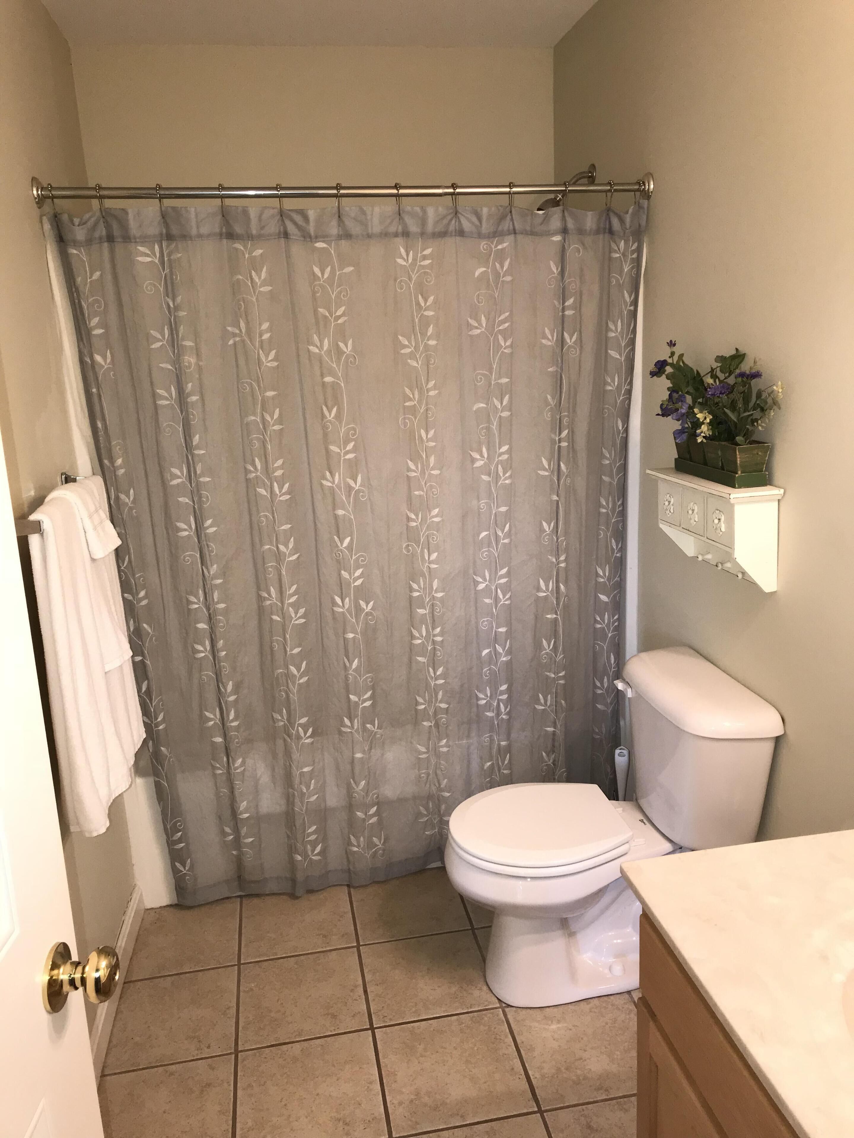 Combined shower/tub, hair dryer, towels