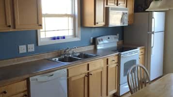 Microwave, dishwasher, coffee/tea maker, cookware/dishes/utensils