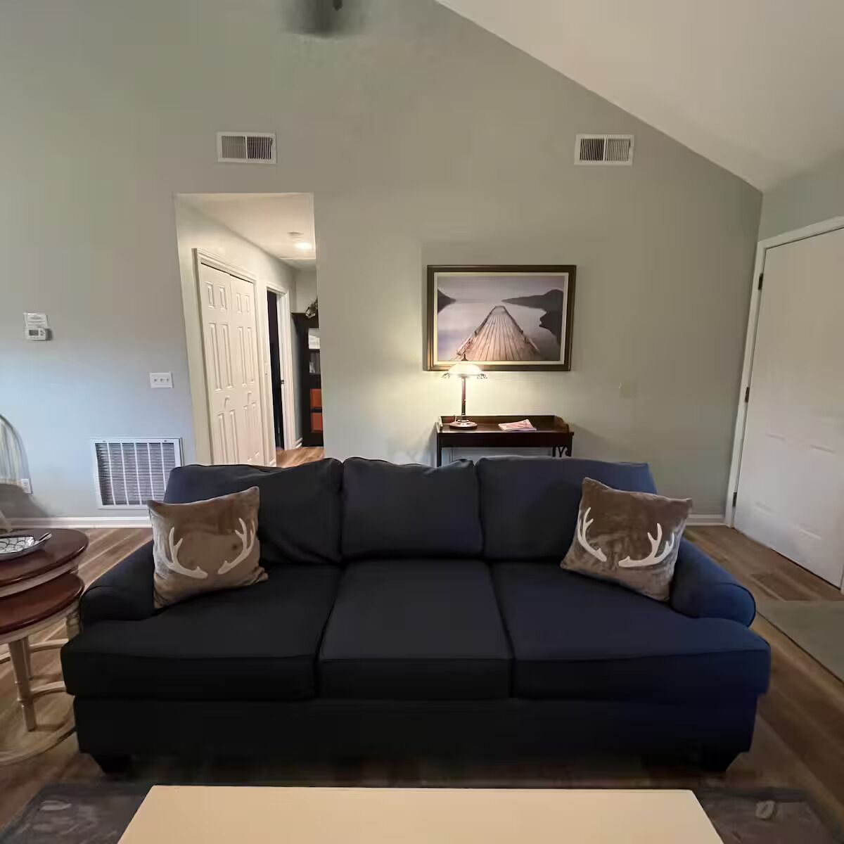 A living room with a dark blue sofa, two decorative pillows, a framed picture on the wall, and a small table with a lamp.