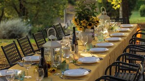 Une longue table à manger installée à l’extérieur, avec des chaises, une nappe jaune et divers éléments de vaisselle.
