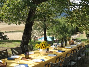 Eating outside under the big trees