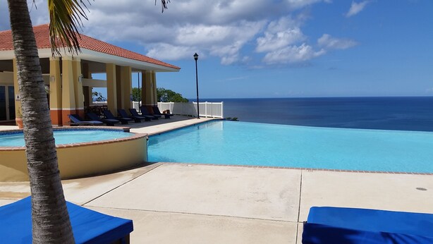 A poolside area with lounge chairs, a palm tree, and a view of the ocean. - Beautiful Mediterranean Style Ocean View Villa, Spectacular Sunsets!  (Aguadilla)
