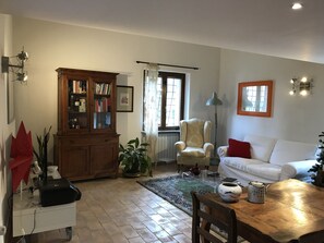 Televisio, DVD-soitin, kirjoja, stereot