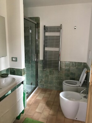 Duschwanne, Haartrockner, Bidet, Handtücher