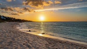 A beach with a sunset, sandy shore, and calm water.