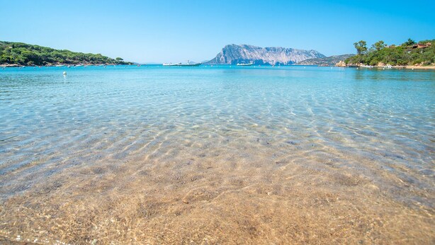 Una vista despejada de una playa con aguas tranquilas y una montaña al fondo.
